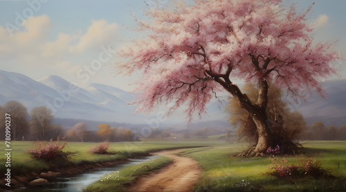 Spring landscape in oil painting