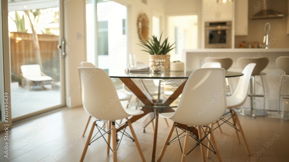 The dining room is a study in simplicity with a sleek glass table surrounded by white Eamesstyle chairs. The neutral color palette continues with white walls and light wood floors .