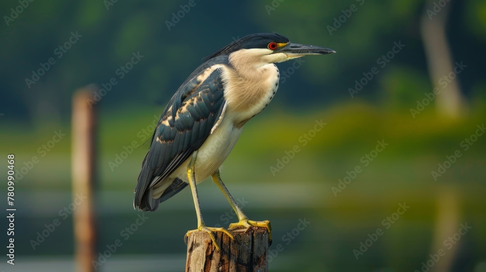 Obraz premium A bird perched on a post near the water