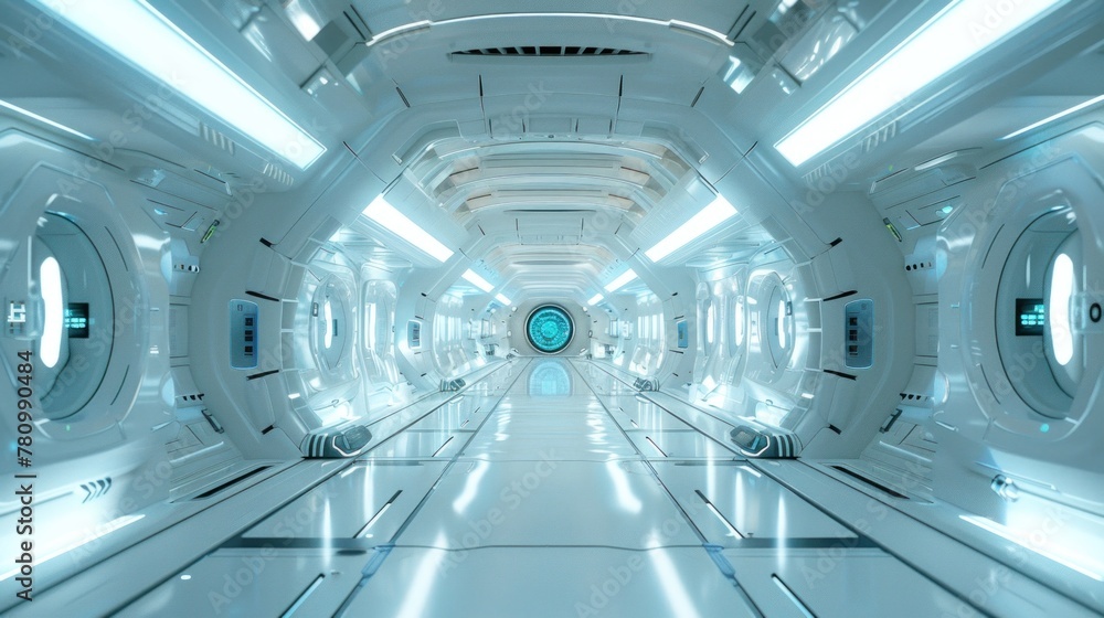 A futuristic space station with clean white corridors and touches of teal and blue in the lighting scheme. A futuristic space station with clean white corridors and touches of teal and blue in the lighting scheme.