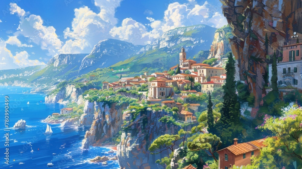 A Mediterranean village perched on a cliffside, overlooking the azure sea below and the whitewashed buildings gleaming in the sun.