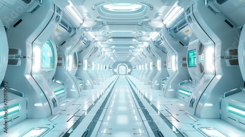 A futuristic space station with clean white corridors and touches of teal and blue in the lighting scheme. photo