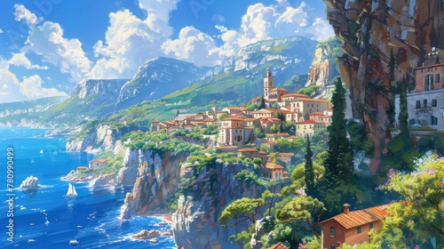 A Mediterranean village perched on a cliffside, overlooking the azure sea below and the whitewashed buildings gleaming in the sun.
