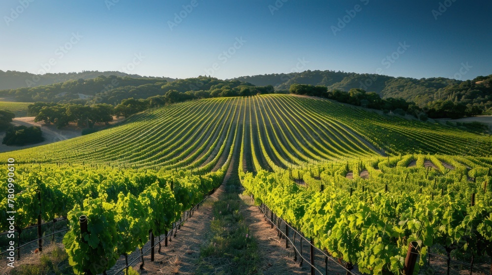 A sprawling vineyard bathed in golden sunlight, with rows of green grapevines against a backdrop of clear blue skies.