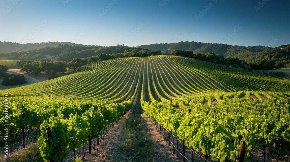 Naklejka premium A sprawling vineyard bathed in golden sunlight, with rows of green grapevines against a backdrop of clear blue skies.