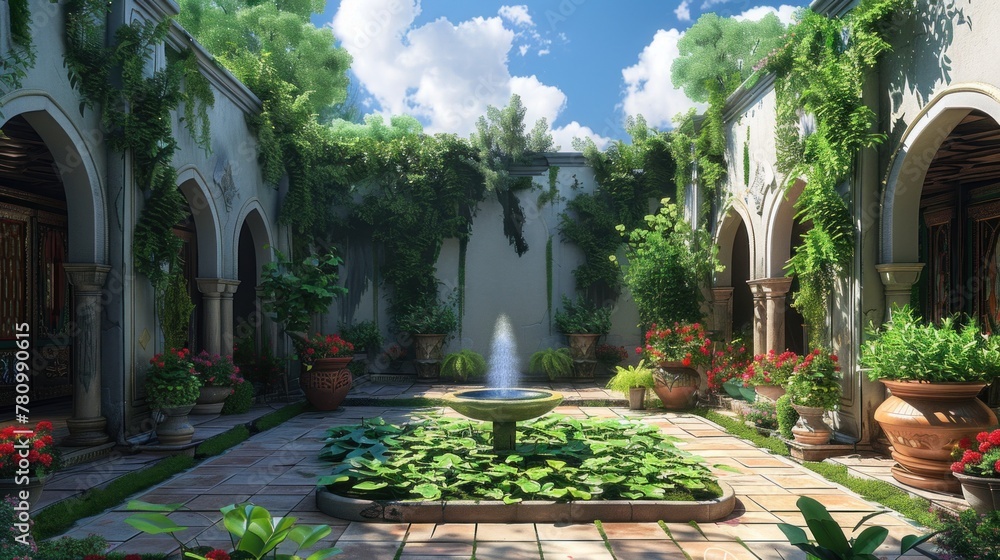 A tranquil garden courtyard with vibrant greenery, accented by touches of sky blue and wisps of white clouds above.