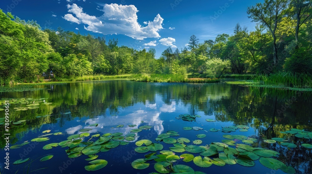 Fototapeta premium A tranquil pond nestled amidst lush greenery, with vibrant blue skies overhead.