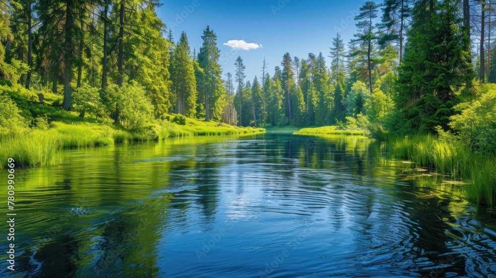 A tranquil river winding through a forest, its waters reflecting the vibrant greens of the surrounding trees under a clear blue sky. A tranquil river winding through a forest, its waters reflecting the vibrant greens of the surrounding trees under a clear blue sky.