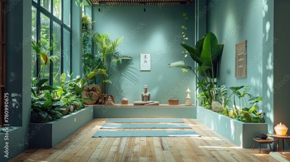 A tranquil yoga studio with light blue walls and verdant green plants, offering a peaceful space for practice. - obrazy, fototapety, plakaty 