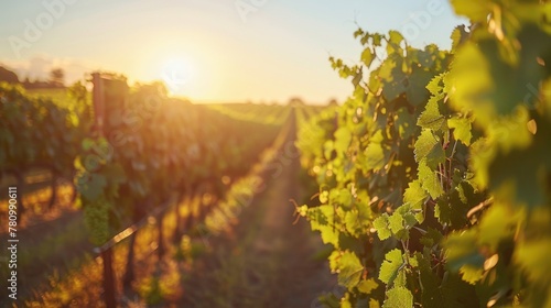 A sprawling vineyard bathed in golden sunlight, with rows of green grapevines against a backdrop of clear blue skies. © 2D_Jungle