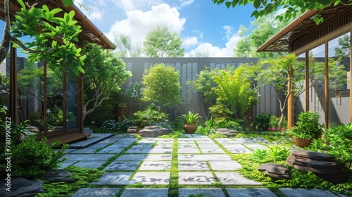 A tranquil garden courtyard with vibrant greenery, accented by touches of sky blue and wisps of white clouds above. © 2D_Jungle