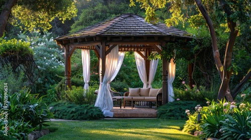 A tranquil garden gazebo adorned with flowing white curtains, surrounded by lush greenery and under a sky of soft blue. © 2D_Jungle