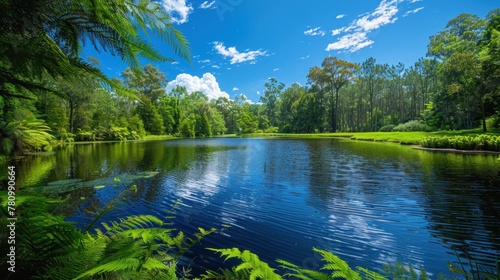 A tranquil pond nestled amidst lush greenery, with vibrant blue skies overhead.