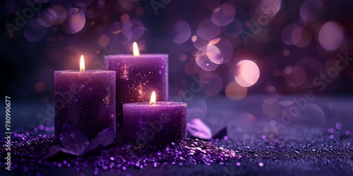 Violet purple candles on mysterious background, magic fantasy atmosphere background