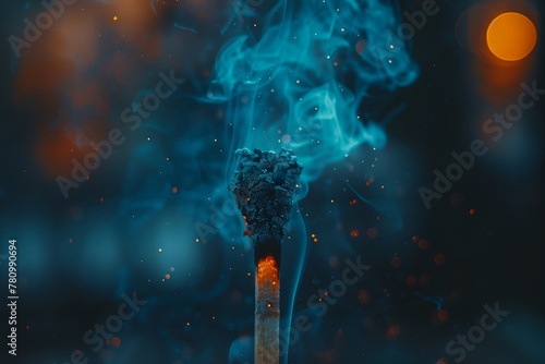A lit matchstick is surrounded by smoke and fire
