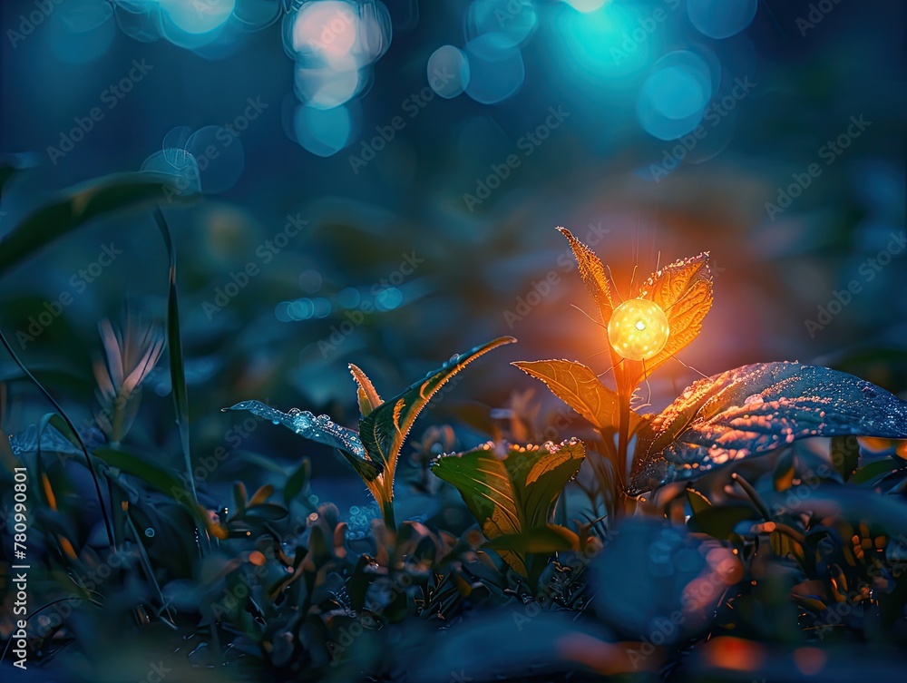 In the twilight's gentle embrace, a single flower bud emits a warm glow, surrounded by dew-soaked leaves, evoking a scene of quiet growth and serene beauty.