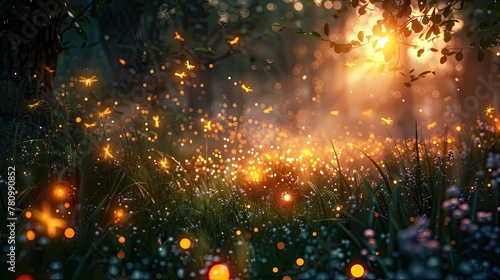 Alive with the dance of fireflies and fluttering butterflies  a magical pathway in the forest is bathed in a mystical light that whispers of ancient secrets and untold stories.