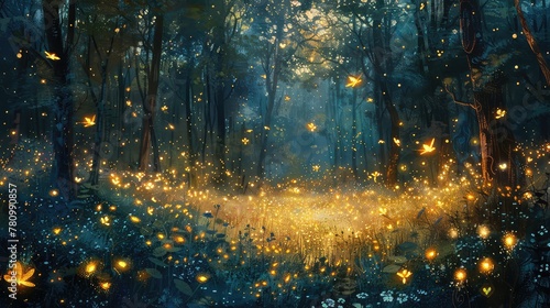 Bathed in a mystical light that whispers of ancient secrets and untold stories  a magical pathway in the forest comes alive with the dance of fireflies and fluttering butterflies.