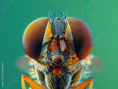 An extreme close-up macro portrait of a robber fly, showcasing its intricate compound eyes and textured facial details against a soothing green background.