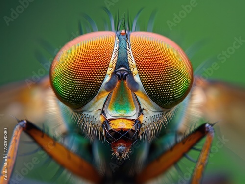 Showcasing its intricate compound eyes and textured facial details against a soothing green background, an extreme close-up macro portrait captures the essence of a robber fly. © HappyFarmDesign