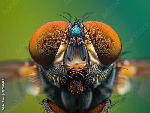 Against a soothing green background, an extreme close-up macro portrait unveils the intricate compound eyes and textured facial details of a robber fly, showcasing its essence.