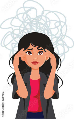 Sad Unhappy Woman Suffering a Headache Vector Cartoon illustration. Sick lady feeling uncomfortable and dizzy from a migraine episode 
