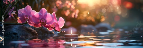 A lit candle is floating on the surface of a pond with pink flowers in the background. The scene is serene and peaceful, with the candle's light reflecting off the water photo