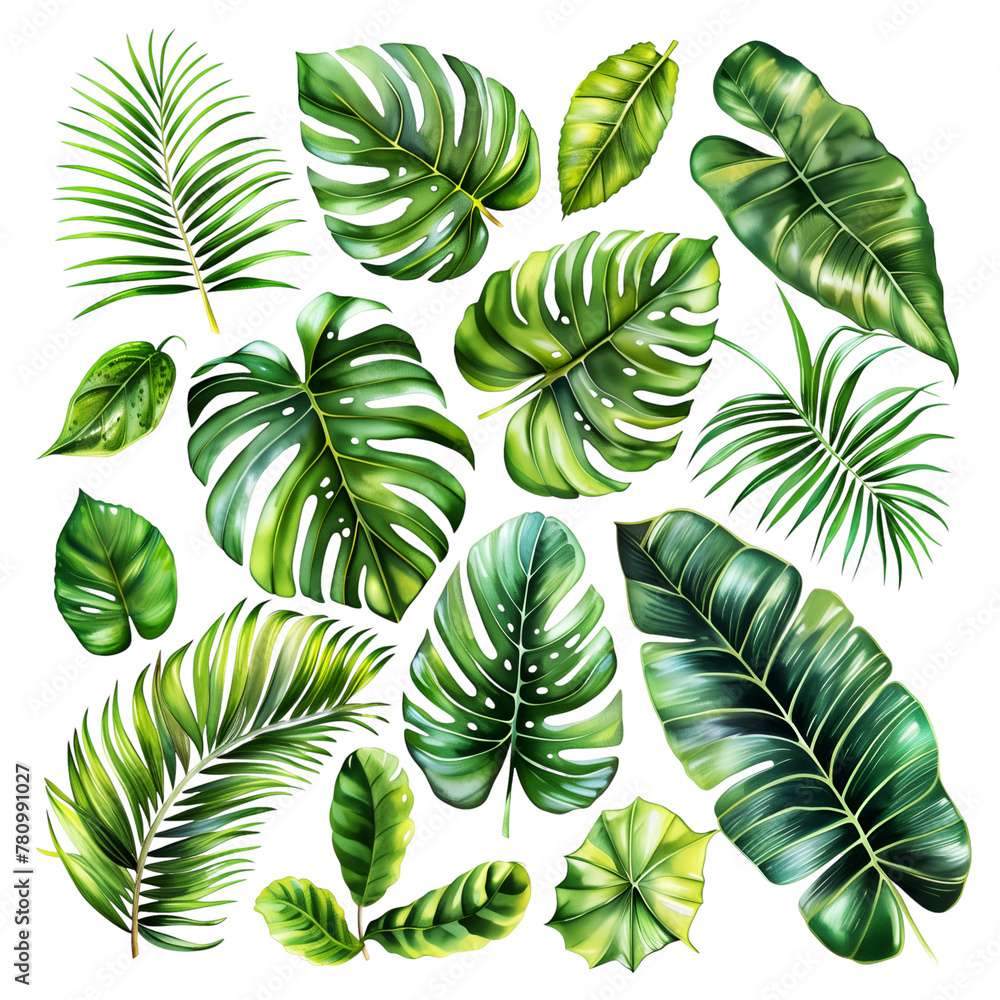 set of tropical leaves on white