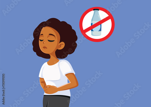 Unhappy Woman Suffering from Lactose Intolerance Vector Illustration. Sick girl having stomach problems after consuming diary products 
