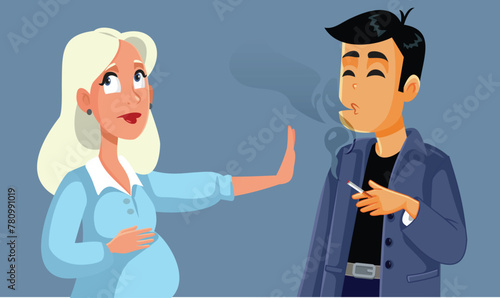 Pregnant Woman Saying Stop Smoking to her Husband Vector Illustration. Mother to be asking her partner to cease bad habits affecting her pregnancy
