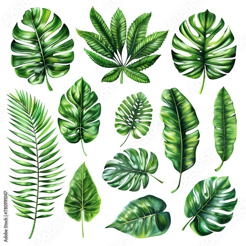 set of tropical leaves on white