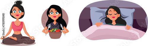 Woman Eating Healthy, Sleeping and Exercising Vector Illustration. Cheerful girl being well fed and rested following health routine

