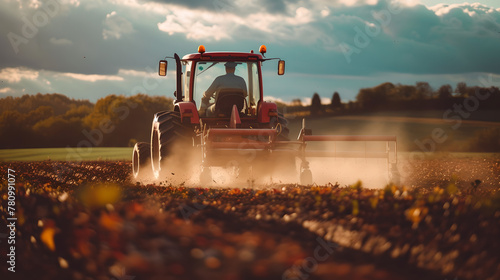 A farmer driving a tractor in a field , sunlight , clouds and blue sky , plants and grass and trees ,Agricultural lands , Dust and dirt