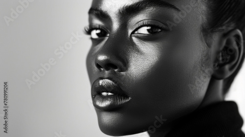 In this striking portrait a black womans face is framed by the pure lines of her sleek pulled back hairstyle. The simplicity of her look enhances the timeless beauty of her features .
