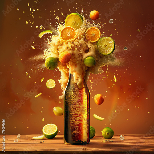 a atomic explosion made of beer with some oranges and limes in the top, coming from the top of a long brown craftbeer bottle photo