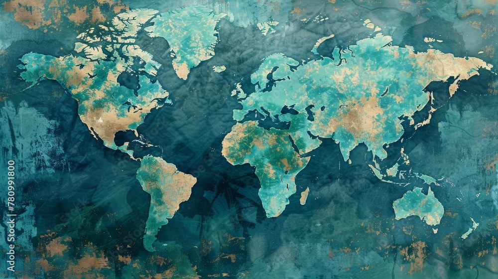 Modern abstract design of the world map, combining cool blues with earthy greens to depict environmental harmony Modern abstract design of the world map, combining cool blues with earthy greens to depict environmental harmony