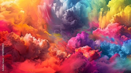 Brilliant rainbow hues mix and swirl in a display of colorful explosions creating a dynamic and everchanging visual feast.