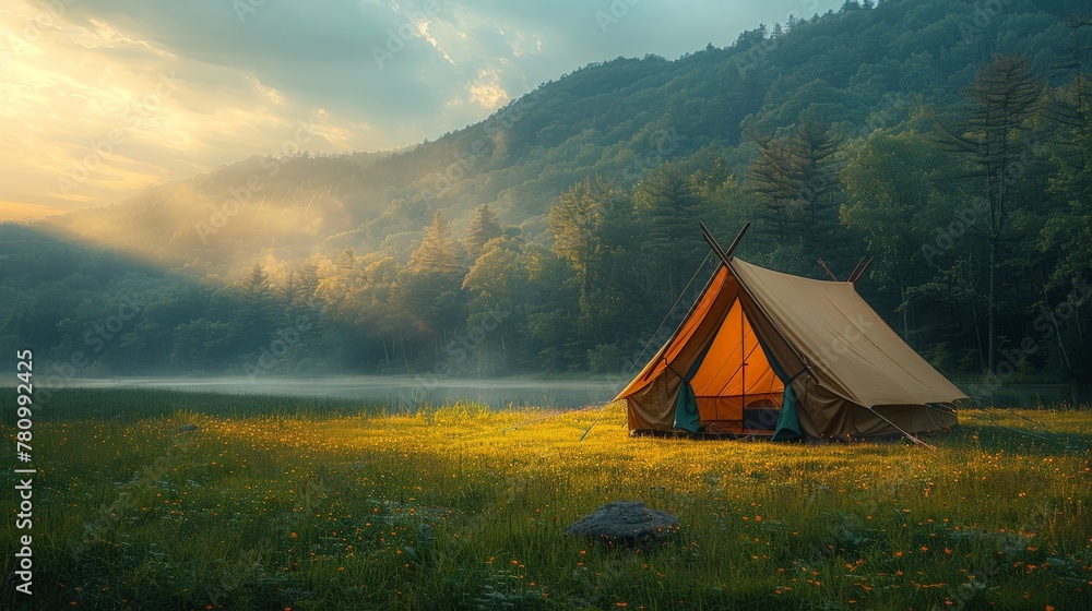 Camping in the woods, Camping tent set up in a lush green forest, Generative AI