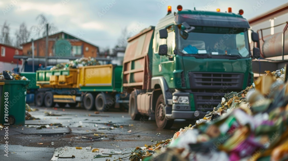 A truck loaded with bins of food waste parked outside a recycling plant where it will be converted into biofuel reducing the carbon footprint of waste transportation. . - obrazy, fototapety, plakaty 