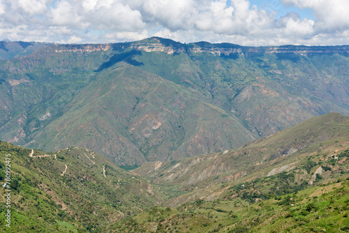 Mountain landscape, valley covered by vegetation in the Santander area of the Colombian Andes.