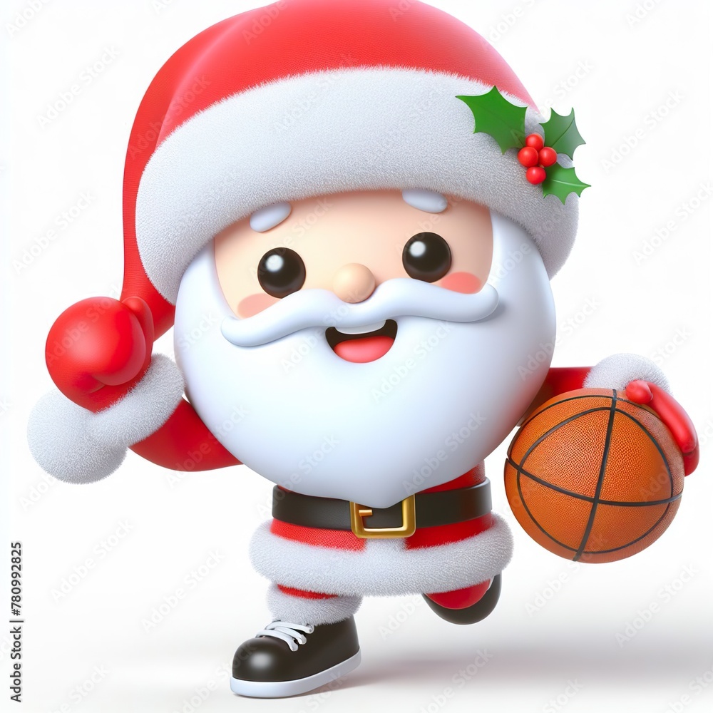 Cute character 3D image of a Santa playing Basketball, funny, happy, smile white background Cute character 3D image of a Santa playing Basketball, funny, happy, smile white background