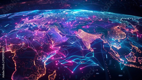 World map highlighting South East Asia, vibrant data streams crisscrossing, symbolizing cyber tech and global business