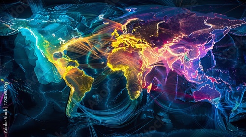 World map highlighting Pacific Ocean, vibrant data streams crisscrossing, symbolizing global cyber tech exchange