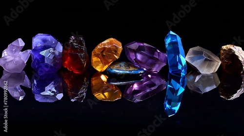 Generative AI   Jewel or gems on black shine color  Collection of many different natural gemstones amethyst