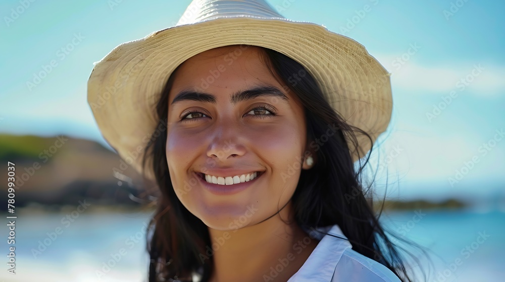 Generative AI : Portrait of stylish latin hispanic woman with white straw hat standing at beach. 