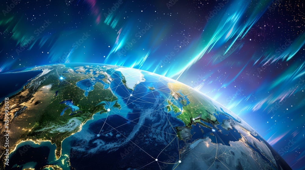 Obraz premium Telecommunication lines wrapping the globe, focusing on the North Pole, depicting a global network concept