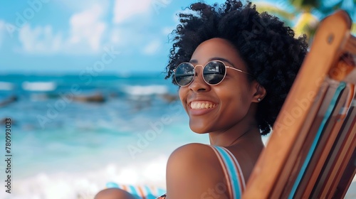 Generative AI : Portrait of happy young black woman relaxing on wooden deck chair at tropical beach