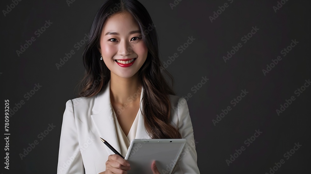 Generative AI : female executive with long hair Smiling Working with a tablet Generative AI : female executive with long hair Smiling Working with a tablet