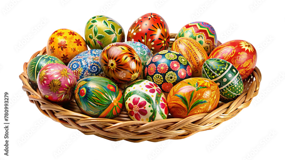 Easter eggs on basket isolated on transparent background Easter eggs on basket isolated on transparent background