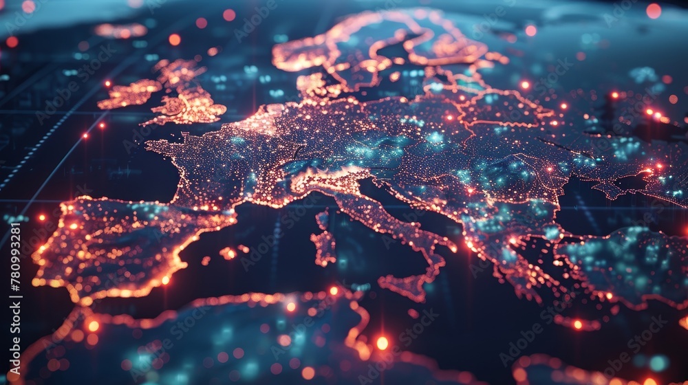 Illuminated data streams over Eastern Europe on a world map, symbolizing cyber technology and global business exchange